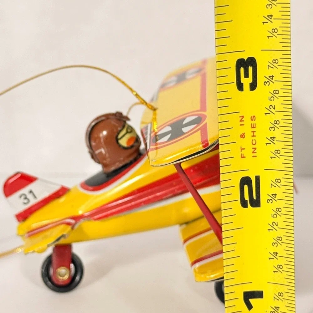 Vintage Style Tin Biplane Christmas Ornament Yellow Red Pilot #31 Aviation Decor